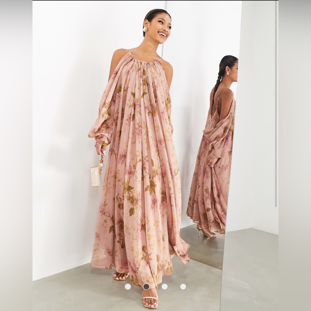 ASOS EDITION chiffon dropped shoulder backless maxi dress in blush vintage print